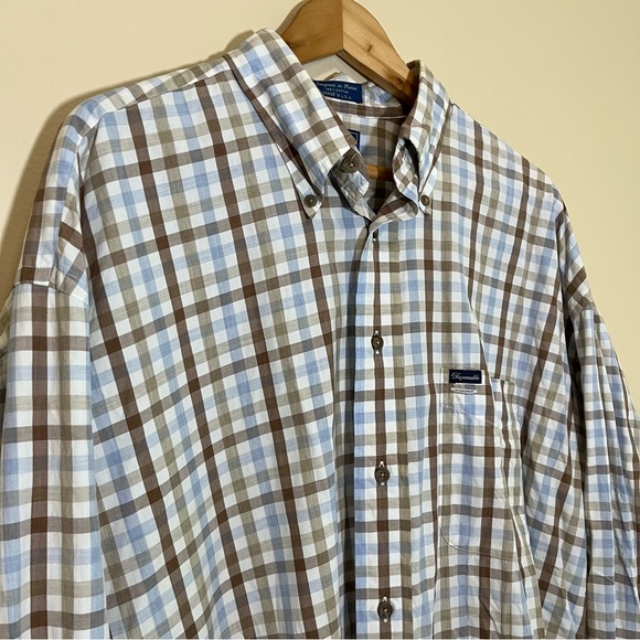 Façonnable Men’s Check Plaid Button Up Shirt - Brown Blue White - Picture 2 of 12